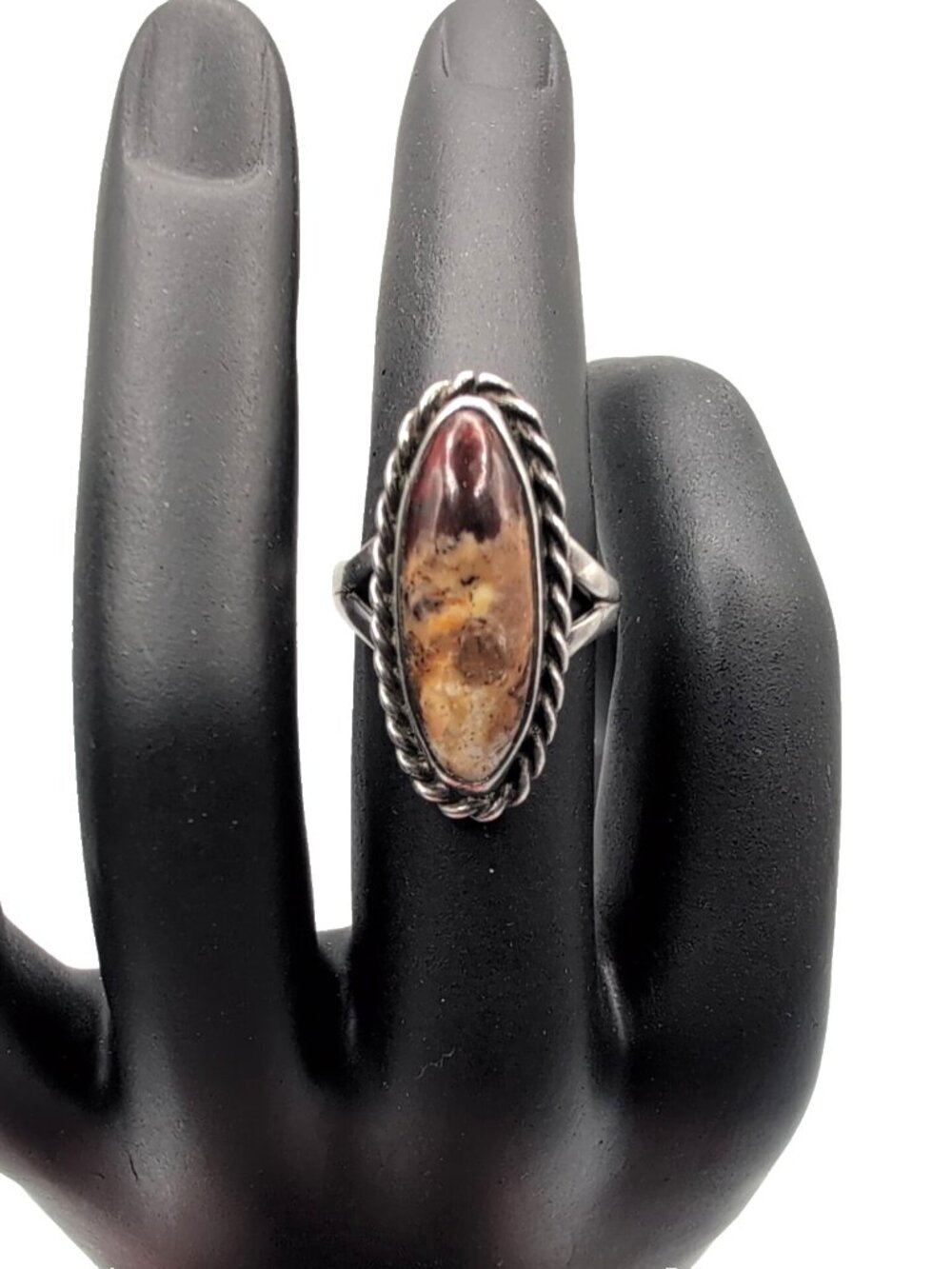 Vintage Navajo Brown Agate Silver Ring Size 4.5 Southwestern Braided Oval VGC